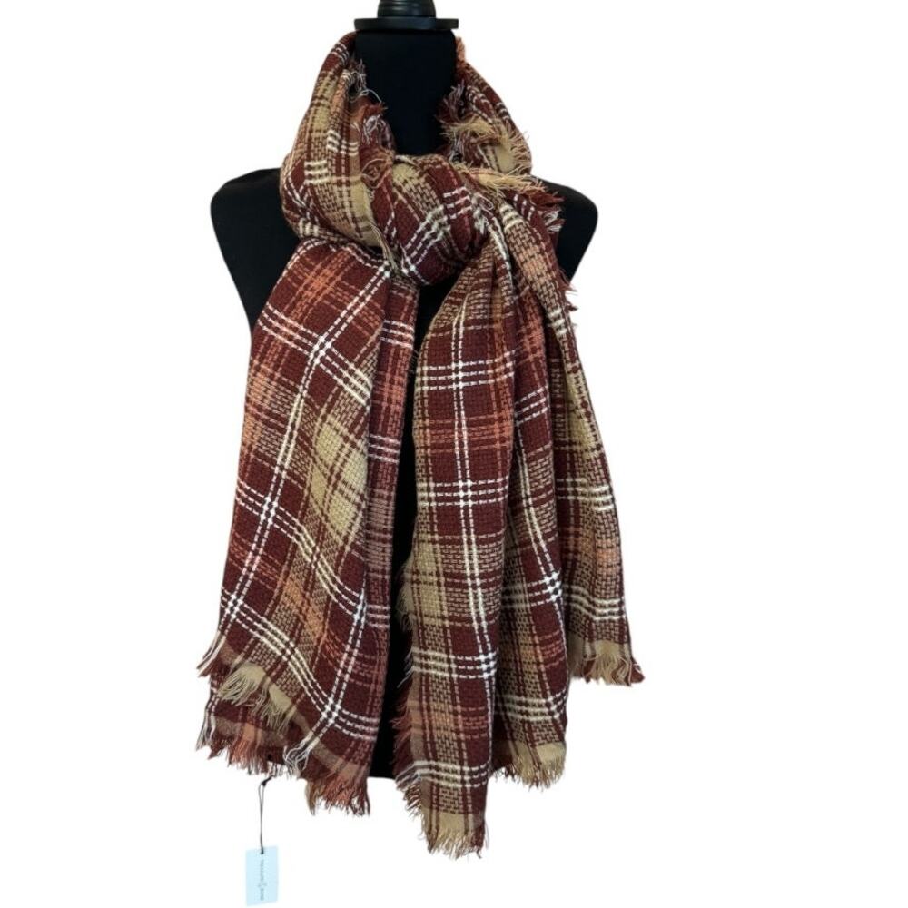 NWT Treasure & Bond Square Maroon Red & Brown Plaid Fringed Blanket Scarf OS